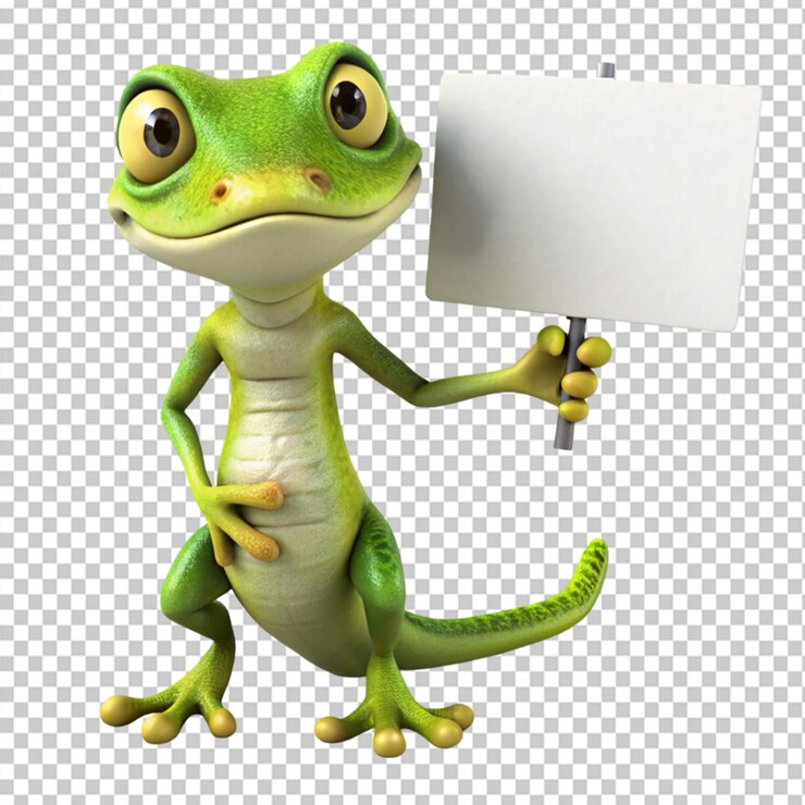 PSD un lindo lagarto de cumpleaños sosteniendo un letrero en blanco sobre un fondo transparente