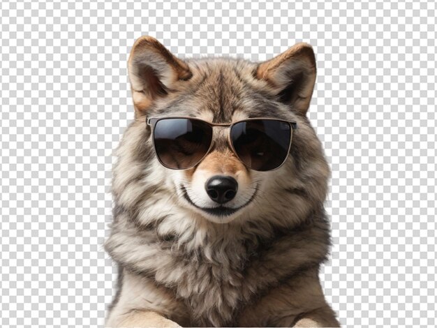 Un lindo lobo con gafas de sol en un fondo transparente