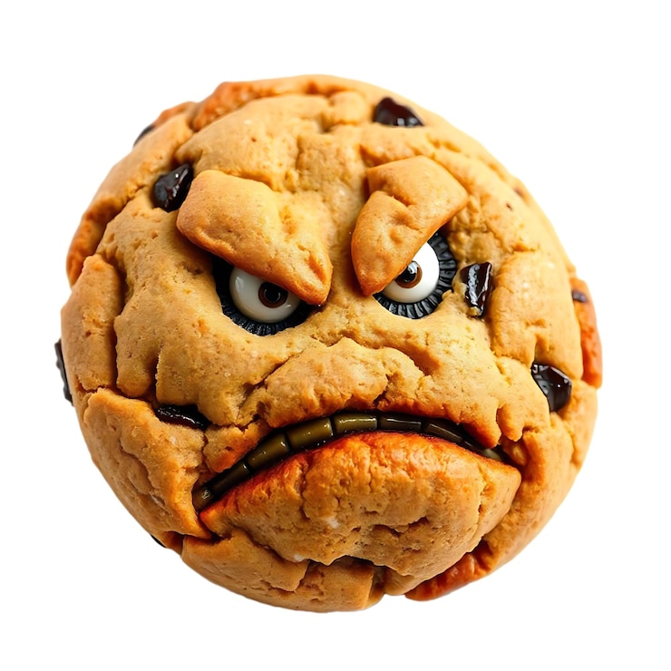 PSD un lindo logotipo de la mascota del monstruo de las galletas enojadas con expresiones de chips de chocolate png art