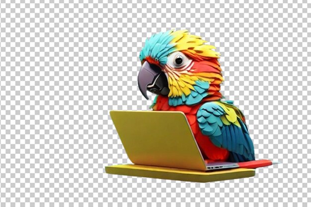 PSD un lindo loro 3d usando una computadora portátil en un fondo colorido