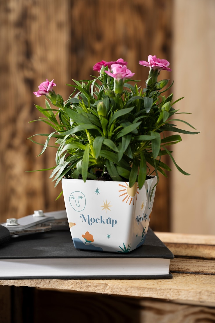 PSD lindo maquete de vaso de flores dentro de casa