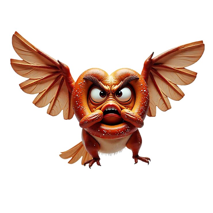 PSD lindo mascota feliz de dibujos animados pájaro pretzel cara enojada alas de rosquilla monstruo png foto de stock