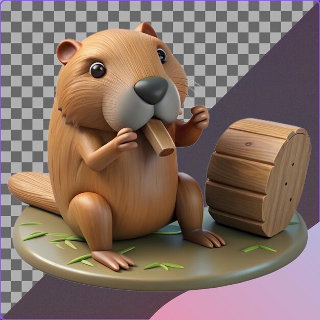 El lindo modelo de castor en 3D masticando madera
