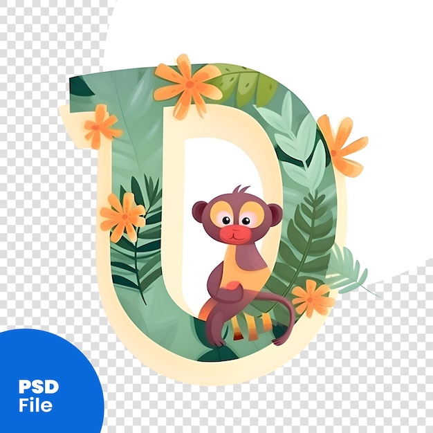 PSD lindo mono de dibujos animados con flores letra u ilustración vectorial plantilla psd