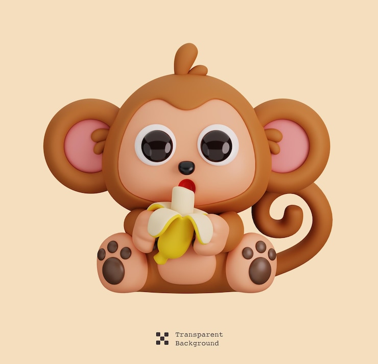 PSD lindo mono sosteniendo plátano animales aislados e icono de comida concepto de estilo de dibujos animados representación 3d