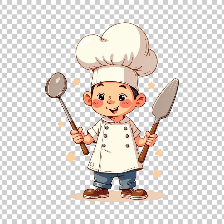 PSD el lindo niño chef en uniforme sosteniendo utensilios de cocina en un fondo transparente