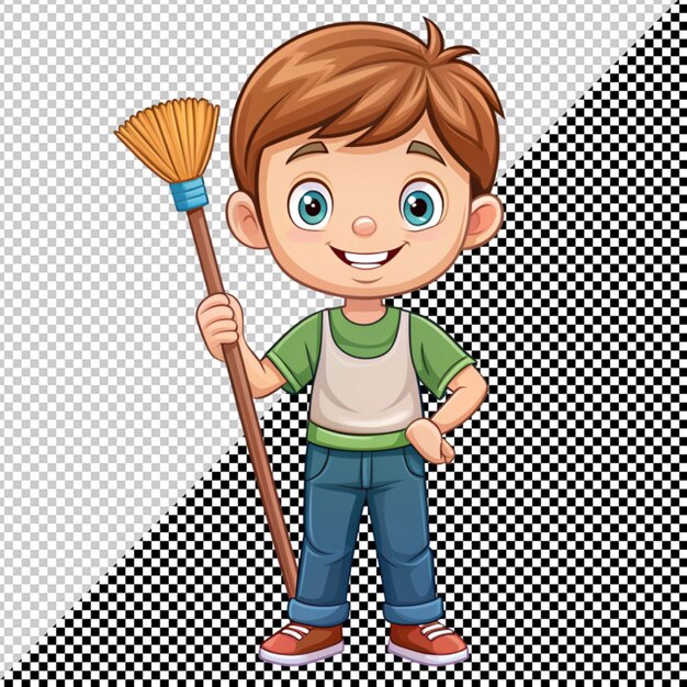 PSD lindo niño de dibujos animados con una escoba en la mano vector sobre un fondo transparente