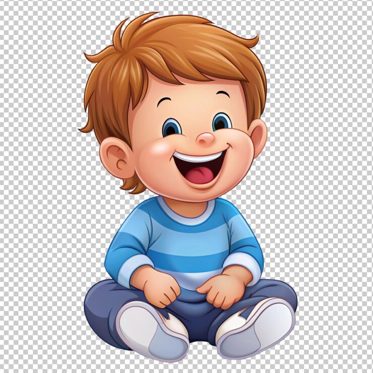 PSD un lindo niño de dibujos animados riendo y sentado