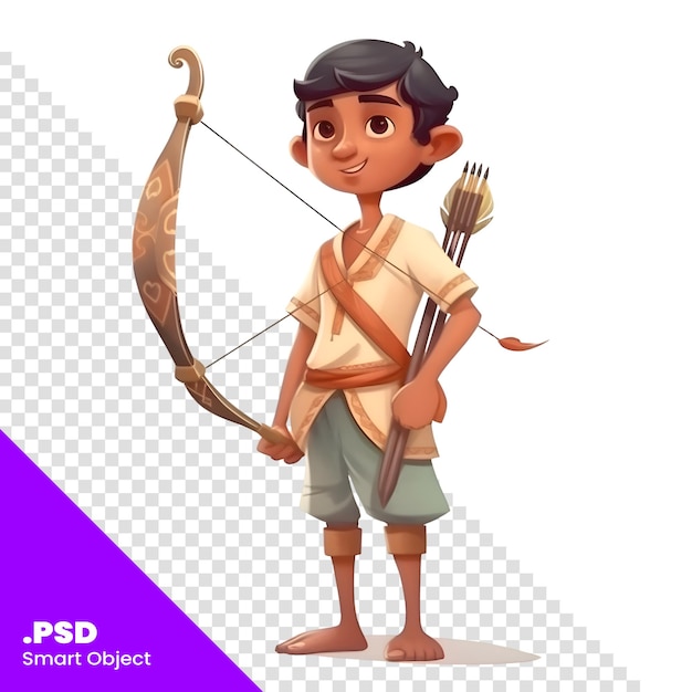 Lindo niño indio de dibujos animados con arco y flecha plantilla de psd de ilustración vectorial