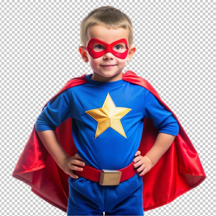 PSD un lindo niño superhéroe de dibujos animados aislado sobre un fondo transparente