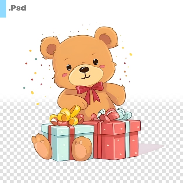 PSD lindo osito de peluche con cajas de regalo plantilla psd de ilustración vectorial de dibujos animados