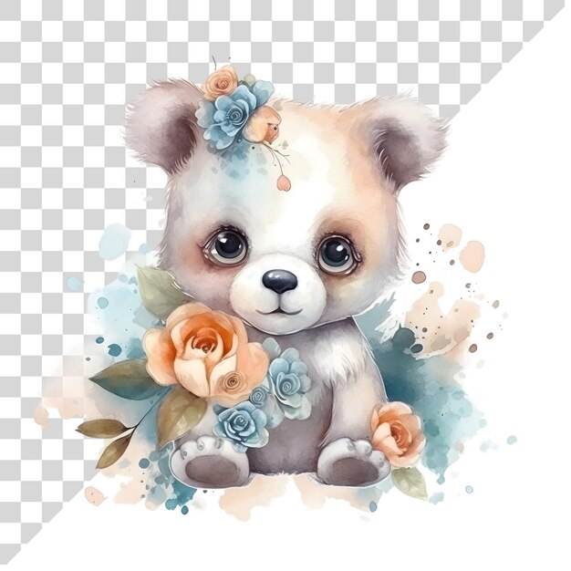 Lindo oso de acuarela de dibujos animados con flores en un fondo transparente