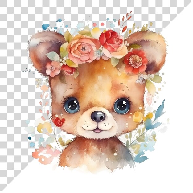 PSD lindo oso de acuarela de dibujos animados con flores en un fondo transparente