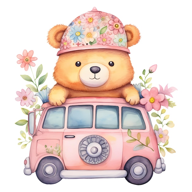 PSD lindo oso de dibujos animados en el coche y flores acuarela clipart ilustración