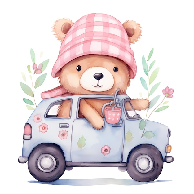 PSD lindo oso de dibujos animados en el coche y flores acuarela clipart ilustración