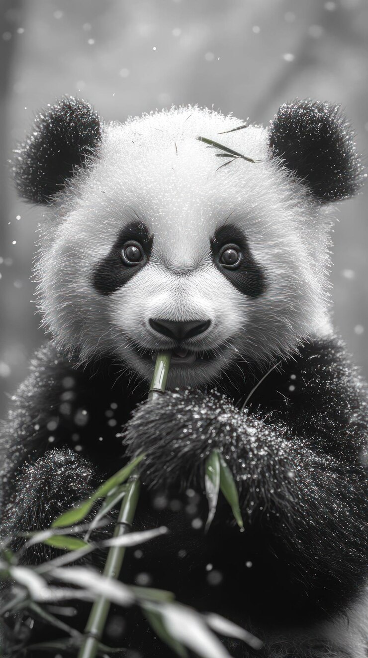 PSD un lindo oso panda se come bambú en la nieve