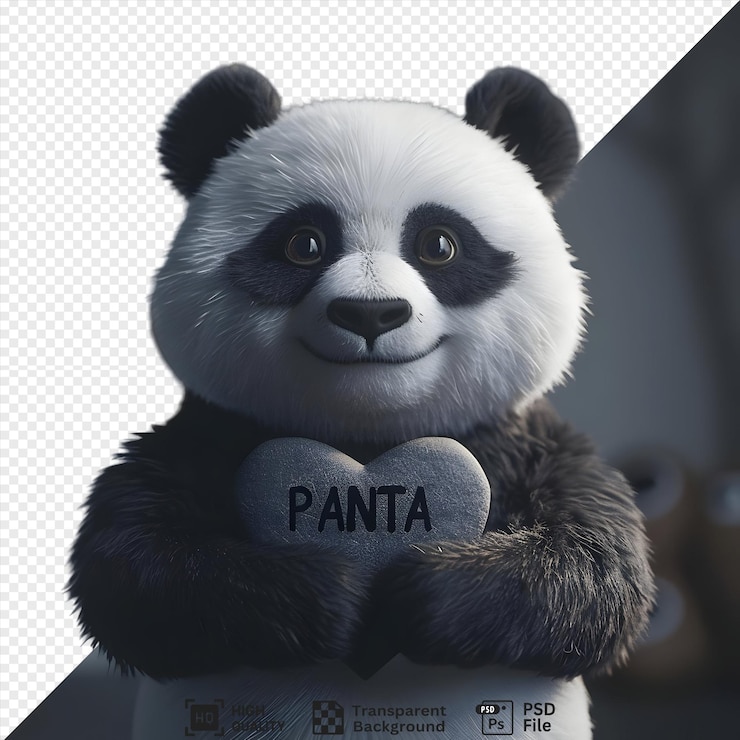 PSD lindo oso panda sosteniendo una piedra en forma de corazón con 39panta39 inscrito aislado en un fondo transparente