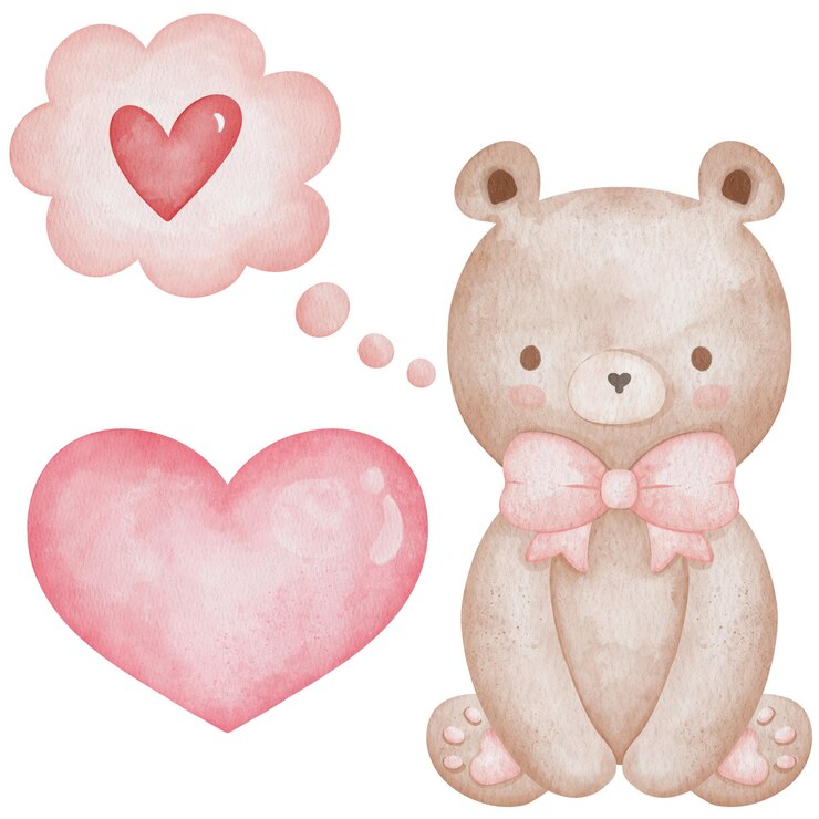 PSD lindo oso de peluche con un corazón rosado y burbuja de pensamientos