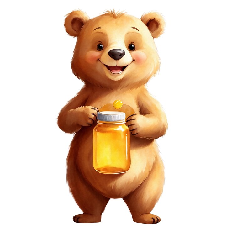 PSD un lindo oso de peluche con un frasco de miel en estilo acuarela