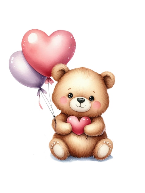 PSD lindo oso de peluche con globos en forma de corazón ilustración en acuarela para el día de san valentín