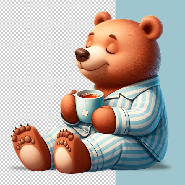 Un lindo oso de peluche sentado en su pijama con una taza de té caliente en un fondo transparente