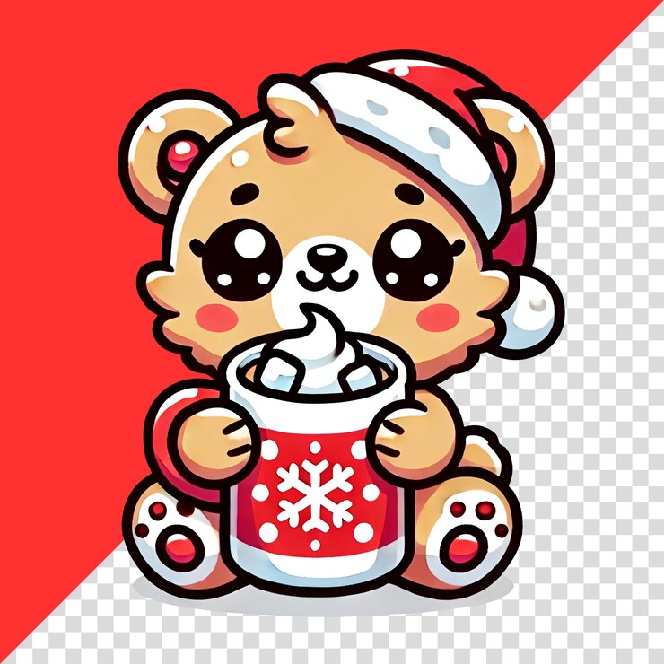 PSD lindo oso de peluche en el sombrero de papá noel sosteniendo cacao caliente con malvaviscos adorable ilustración navideña