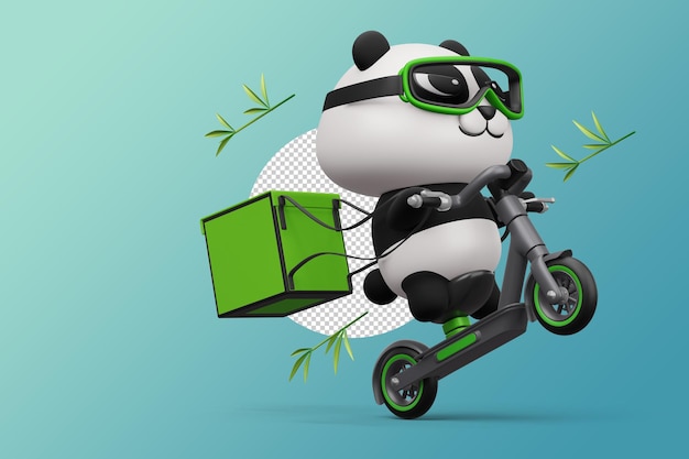 Lindo panda montando scooter panda entrega 3d renderizado