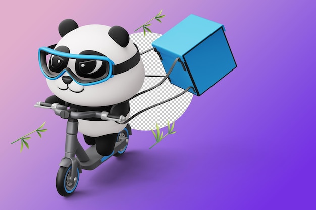 PSD lindo panda montando scooter panda entrega 3d renderizado