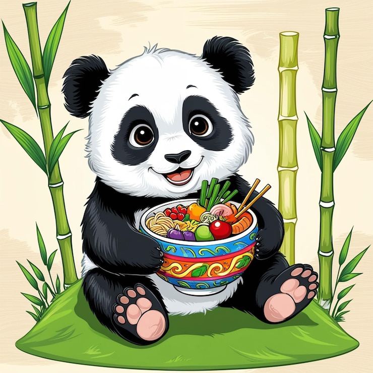 PSD lindo panda con un plato de comida ilustración vectorial