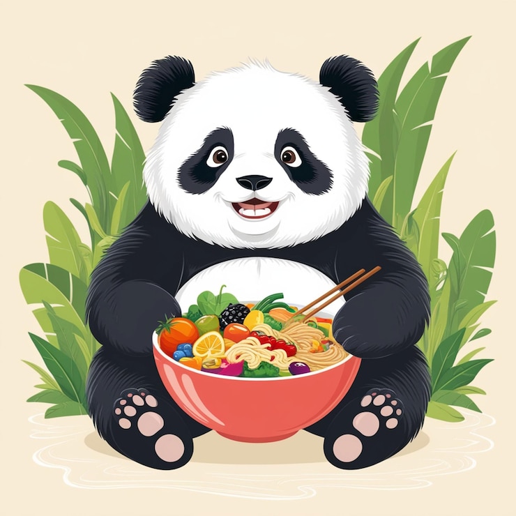 PSD lindo panda con un plato de comida ilustración vectorial