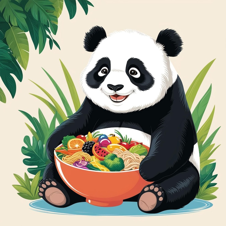 PSD lindo panda con un plato de comida ilustración vectorial