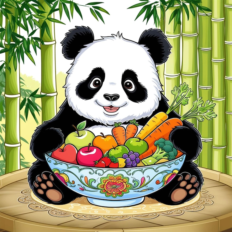 PSD lindo panda con un plato de comida ilustración vectorial