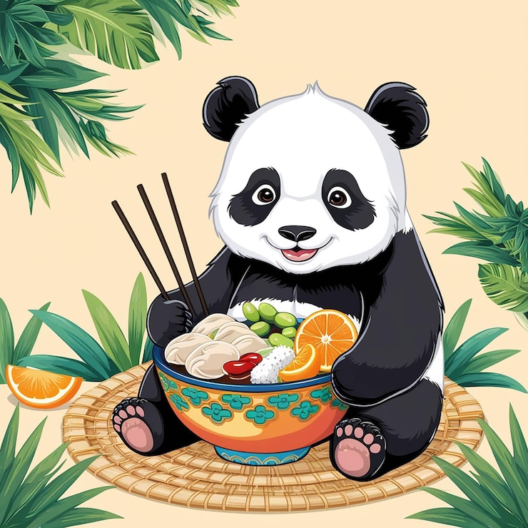 PSD lindo panda con un plato de comida ilustración vectorial