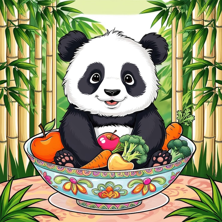 PSD lindo panda con un plato de comida ilustración vectorial