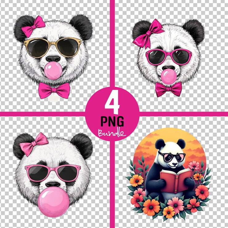 PSD lindo paquete de panda con gafas de sol y goma de mascar