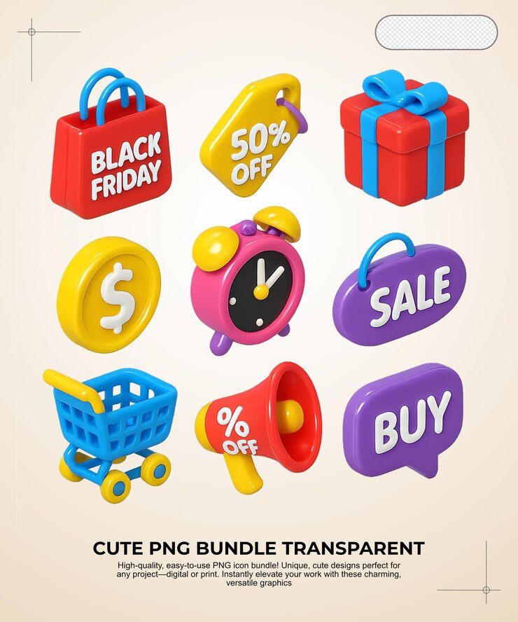 PSD lindo paquete png 3d para la venta del viernes negro con íconos de compras