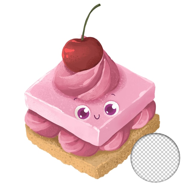 Lindo pastel de cereza feliz de San Valentín ilustración estilo kawaii aislado en fondo blanco