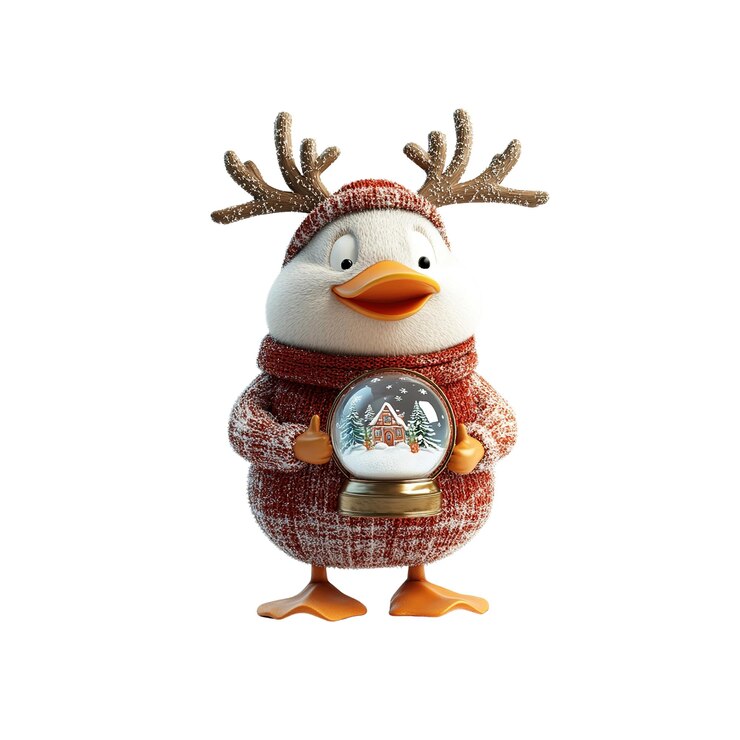 PSD un lindo pato con cuernos de reno sosteniendo un globo de nieve