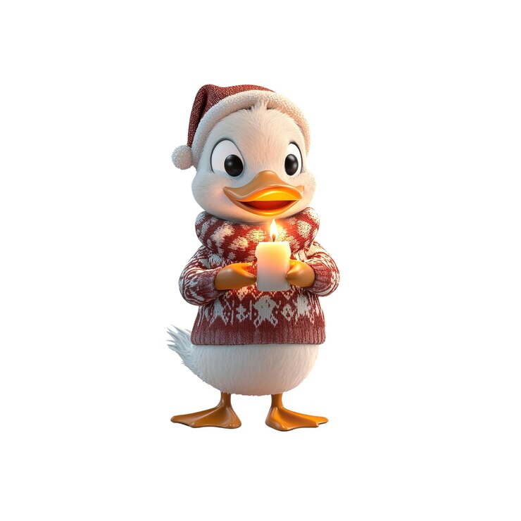 PSD lindo pato de dibujos animados con una vela en un suéter de invierno