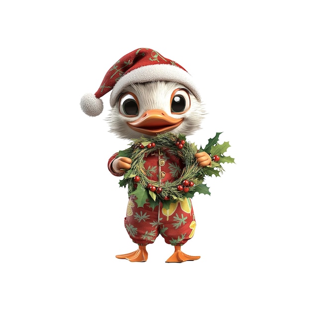 El lindo pato en pijama con una corona de Navidad