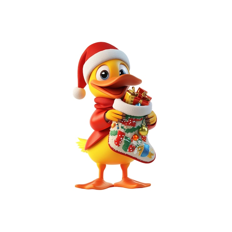 PSD el lindo pato en el sombrero de papá noel con medias de navidad con regalos