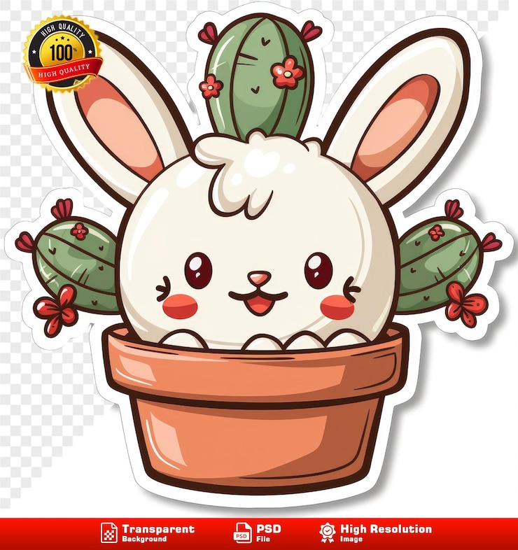 PSD el lindo pegatino de cactus kawaii gifs animados de arte peludo de conejo