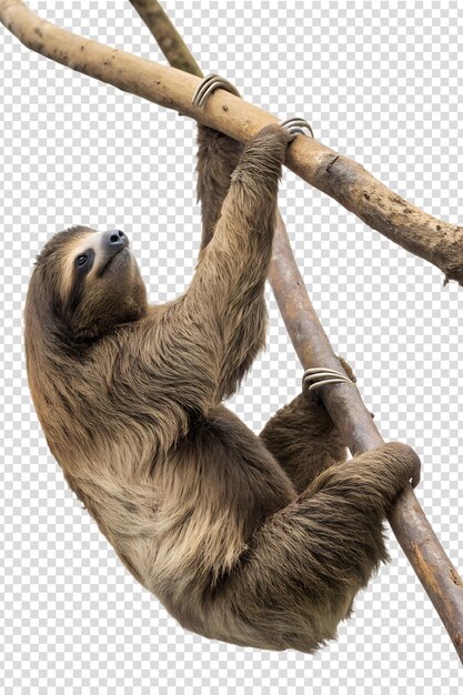Lindo perezoso colgando al revés de una rama de árbol relajado y somnoliento con pelaje peludo y garras curvas