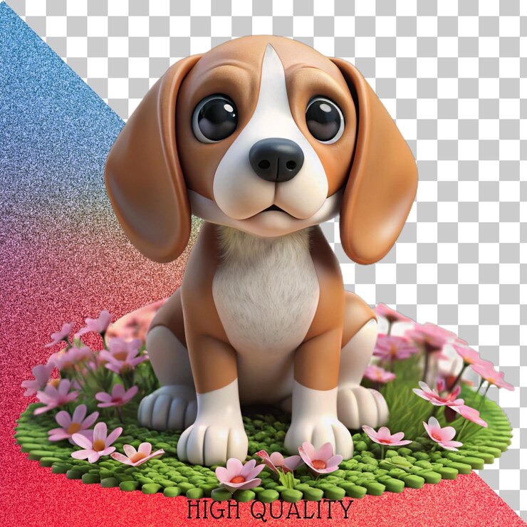 PSD lindo perro de dibujos animados sentado en un jardín de flores rosas ilustración 3d