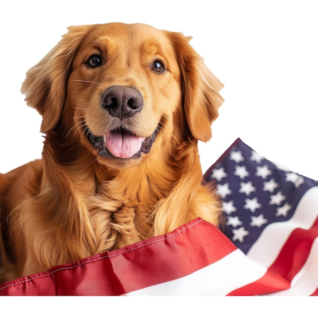 PSD lindo perro golden retriever con bandera de los estados unidos