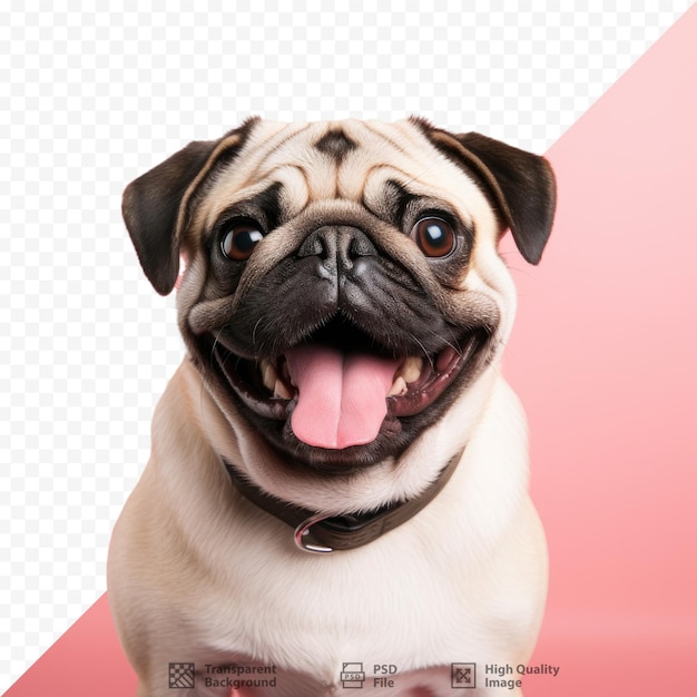 PSD lindo perro pug sonriendo ante la cámara con la lengua fuera