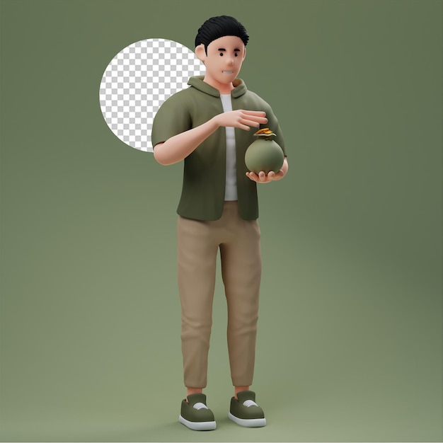 Lindo personaje 3d hombre ahorrando dinero usa bolsa de dinero