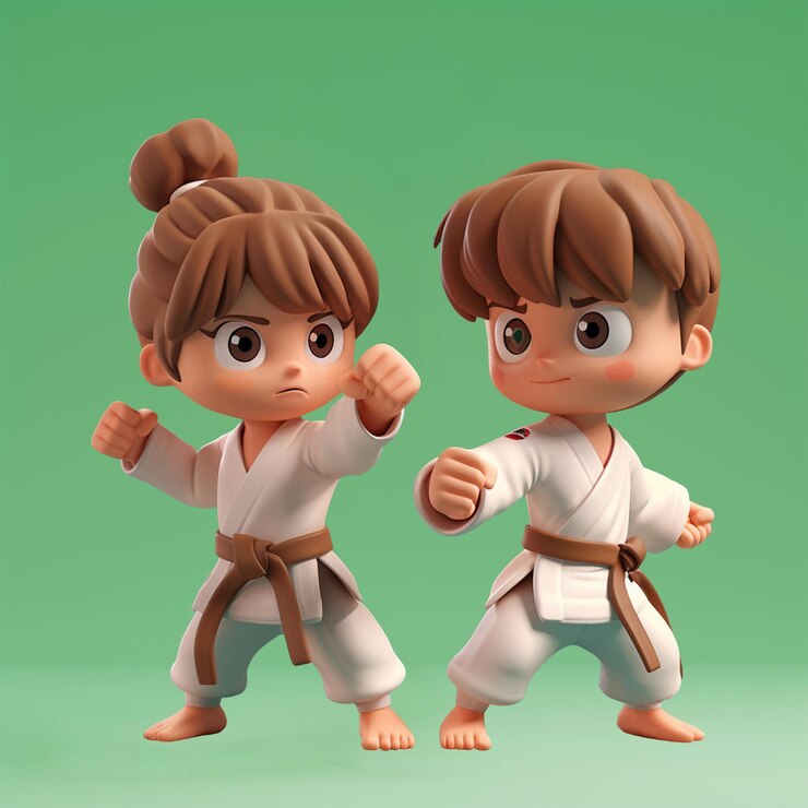 PSD un lindo personaje 3d de karateka en una postura de lucha varios tipos de movimientos de karateka con un compañero