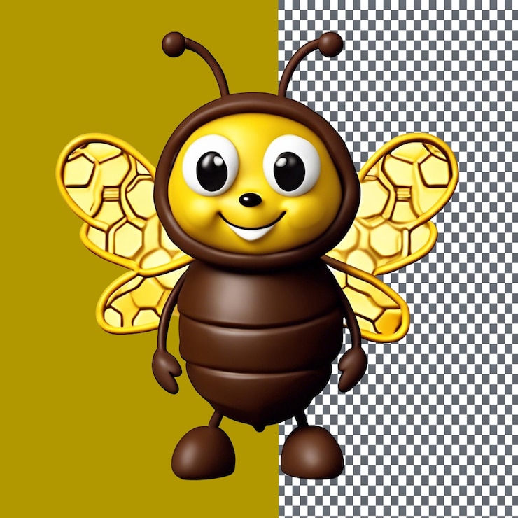 PSD el lindo personaje de la abeja de chocolate con alas de oblea aisladas sobre un fondo transparente
