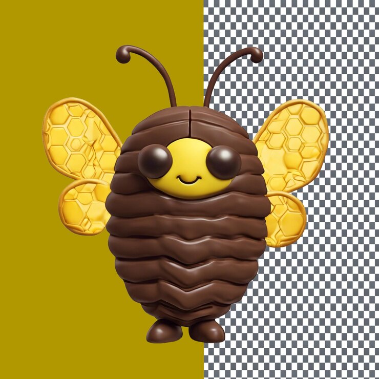PSD el lindo personaje de la abeja de chocolate con alas de oblea aisladas sobre un fondo transparente